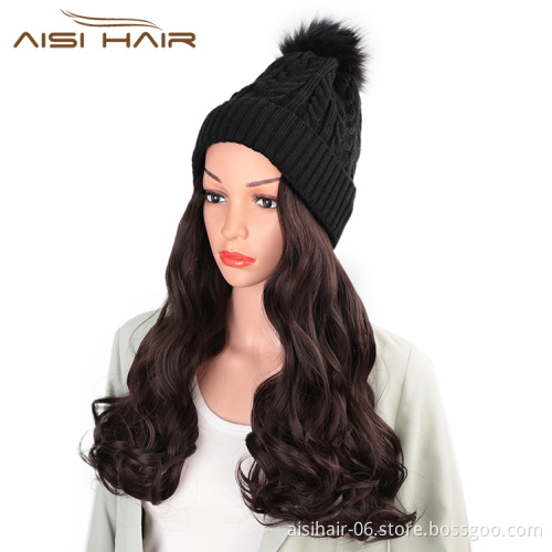 Aisi Hair Dark Brown Synthetic Long Wavy Cosplay Party Knit Slouchy Hat Fiber Hair Extension With Cap For Black White Women